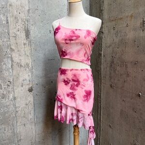 Princess Polly Pink and White Asymmetrical Mini Skirt and top set